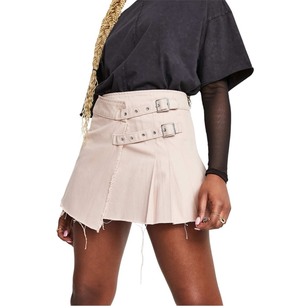 ASOS DESIGN denim buckle distressed pleated mini skirt in stone 0118
